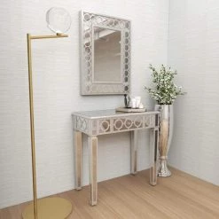 23" Silver Rectangle Wood Mirrored Geometric Single Drawer Console Table with Mirror and Circular Panel Inlay (Set of 2) by Litton Lane -Outlet Litton Lane Store gray litton lane console tables 58753 77 1000