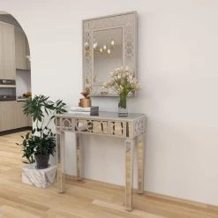 23" Silver Rectangle Wood Mirrored Geometric Single Drawer Console Table with Mirror and Circular Panel Inlay (Set of 2) by Litton Lane -Outlet Litton Lane Store gray litton lane console tables 58753 d4 1000