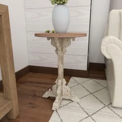 16 in. White Round Wood Intricately Carved Scroll End Table with Brown Top by Litton Lane -Outlet Litton Lane Store gray litton lane end side tables 42931 1f 1000