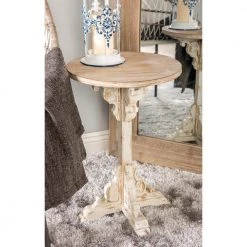 16 in. White Round Wood Intricately Carved Scroll End Table with Brown Top by Litton Lane -Outlet Litton Lane Store gray litton lane end side tables 42931 31 1000