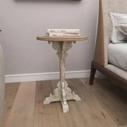 16 in. White Round Wood Intricately Carved Scroll End Table with Brown Top by Litton Lane -Outlet Litton Lane Store gray litton lane end side tables 42931 44 1000