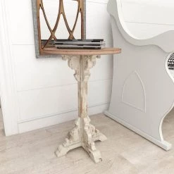 16 in. White Round Wood Intricately Carved Scroll End Table with Brown Top by Litton Lane -Outlet Litton Lane Store gray litton lane end side tables 42931 4f 1000