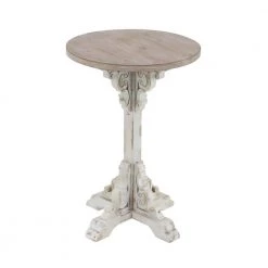 16 in. White Round Wood Intricately Carved Scroll End Table with Brown Top by Litton Lane