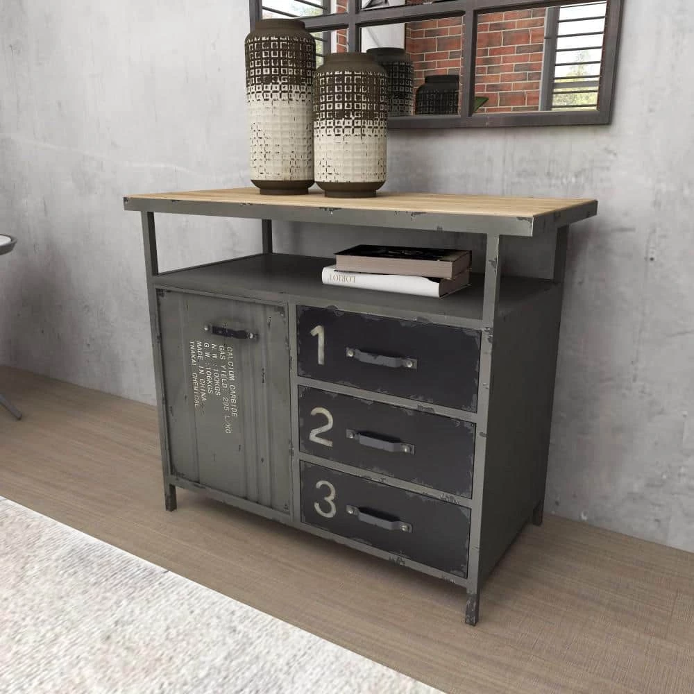 Gray Army Surplus Style 3 Drawers 2 Shelves and 1 Door Cabinet with Numbers and Text by Litton Lane 9 Gray Army Surplus Style 3 Drawers 2 Shelves and 1 Door Cabinet with Numbers and Text by Litton Lane - Image 7