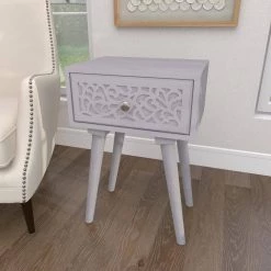 13 in. Gray Rectangle Wood Intricately Carved Single Drawer Scroll End Table by Litton Lane -Outlet Litton Lane Store grey litton lane coffee tables 31892 4f 1000