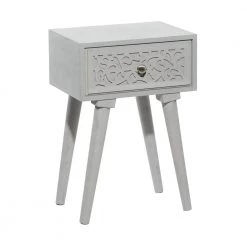 13 in. Gray Rectangle Wood Intricately Carved Single Drawer Scroll End Table by Litton Lane