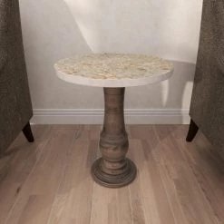 18 in. Gray Round Wood Handmade Distressed End Table with Wood Chip Inspired Tabletop by Litton Lane -Outlet Litton Lane Store grey litton lane end side tables 31889 1f 1000