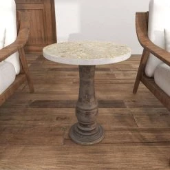 18 in. Gray Round Wood Handmade Distressed End Table with Wood Chip Inspired Tabletop by Litton Lane -Outlet Litton Lane Store grey litton lane end side tables 31889 4f 1000