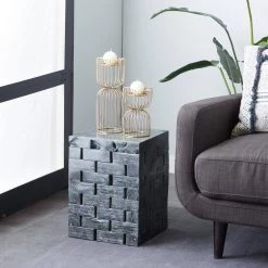 14 in. Gray Rectangle Teak Wood Mosaic Design End Table by Litton Lane -Outlet Litton Lane Store grey litton lane end side tables 71472 31 1000