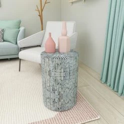 14 in. Light Blue Cylinder Wood Handmade End Table by Litton Lane -Outlet Litton Lane Store light blue litton lane end side tables 48983 1d 1000