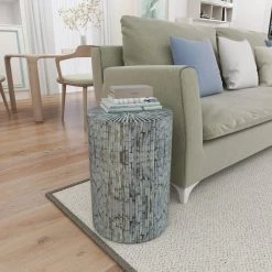 14 in. Light Blue Cylinder Wood Handmade End Table by Litton Lane -Outlet Litton Lane Store light blue litton lane end side tables 48983 66 1000