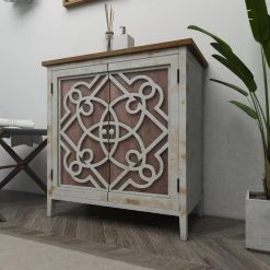 Light Brown 2 Door Geometric Cabinet with Carved Relief Overlay by Litton Lane -Outlet Litton Lane Store light brown litton lane accent cabinets 84336 1f 1000
