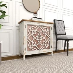 Light Brown 2 Door Geometric Cabinet with Carved Relief Overlay by Litton Lane -Outlet Litton Lane Store light brown litton lane accent cabinets 84336 4f 1000