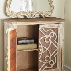 Light Brown 2 Door Geometric Cabinet with Carved Relief Overlay by Litton Lane -Outlet Litton Lane Store light brown litton lane accent cabinets 84336 a0 1000