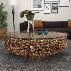 48 in. Brown Medium Round Driftwood Handmade Collage and Pedestal Base Coffee Table with Tempered Glass Top by Litton Lane -Outlet Litton Lane Store light brown litton lane coffee tables 64032 1d 1000