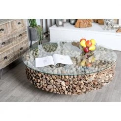 48 in. Brown Medium Round Driftwood Handmade Collage and Pedestal Base Coffee Table with Tempered Glass Top by Litton Lane -Outlet Litton Lane Store light brown litton lane coffee tables 64032 31 1000