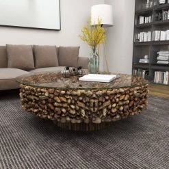 48 in. Brown Medium Round Driftwood Handmade Collage and Pedestal Base Coffee Table with Tempered Glass Top by Litton Lane -Outlet Litton Lane Store light brown litton lane coffee tables 64032 4f 1000