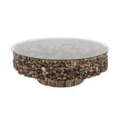 48 in. Brown Medium Round Driftwood Handmade Collage and Pedestal Base Coffee Table with Tempered Glass Top by Litton Lane