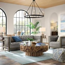 48 in. Brown Medium Round Driftwood Handmade Collage and Pedestal Base Coffee Table with Tempered Glass Top by Litton Lane -Outlet Litton Lane Store light brown litton lane coffee tables 64032 a0 1000