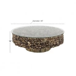 48 in. Brown Medium Round Driftwood Handmade Collage and Pedestal Base Coffee Table with Tempered Glass Top by Litton Lane -Outlet Litton Lane Store light brown litton lane coffee tables 64032 c3 1000