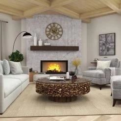 48 in. Brown Medium Round Driftwood Handmade Collage and Pedestal Base Coffee Table with Tempered Glass Top by Litton Lane -Outlet Litton Lane Store light brown litton lane coffee tables 64032 d4 1000