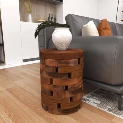 14 in. Light Brown Cylinder Wood Handmade Live Edge End Table with Brick Inspired Design by Litton Lane -Outlet Litton Lane Store light brown litton lane end side tables 38410 1f 1000