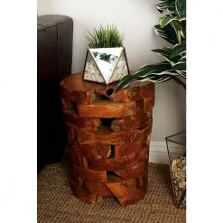 14 in. Light Brown Cylinder Wood Handmade Live Edge End Table with Brick Inspired Design by Litton Lane -Outlet Litton Lane Store light brown litton lane end side tables 38410 31 1000