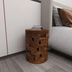 14 in. Light Brown Cylinder Wood Handmade Live Edge End Table with Brick Inspired Design by Litton Lane -Outlet Litton Lane Store light brown litton lane end side tables 38410 44 1000