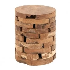 14 in. Light Brown Cylinder Wood Handmade Live Edge End Table with Brick Inspired Design by Litton Lane