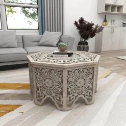 33 in. Light Gray Octagon Wood Handmade Intricately Carved Floral Coffee Table with Hollow Interior by Litton Lane -Outlet Litton Lane Store light grey litton lane coffee tables 22335 1d 1000