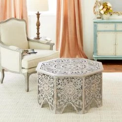 33 in. Light Gray Octagon Wood Handmade Intricately Carved Floral Coffee Table with Hollow Interior by Litton Lane -Outlet Litton Lane Store light grey litton lane coffee tables 22335 31 1000