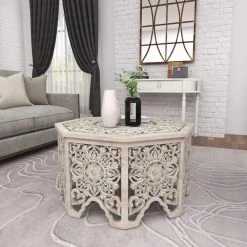 33 in. Light Gray Octagon Wood Handmade Intricately Carved Floral Coffee Table with Hollow Interior by Litton Lane -Outlet Litton Lane Store light grey litton lane coffee tables 22335 66 1000