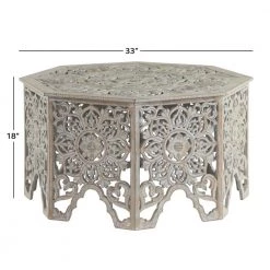 33 in. Light Gray Octagon Wood Handmade Intricately Carved Floral Coffee Table with Hollow Interior by Litton Lane -Outlet Litton Lane Store light grey litton lane coffee tables 22335 76 1000