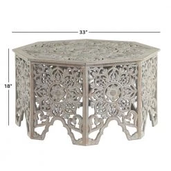 33 in. Light Gray Octagon Wood Handmade Intricately Carved Floral Coffee Table with Hollow Interior by Litton Lane -Outlet Litton Lane Store light grey litton lane coffee tables 22335 c3 1000