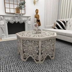 33 in. Light Gray Octagon Wood Handmade Intricately Carved Floral Coffee Table with Hollow Interior by Litton Lane -Outlet Litton Lane Store light grey litton lane coffee tables 22335 fa 1000