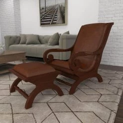 Brown Teak Wood Upholstered Leather Accent Chair with Ottoman with Scrollwork Arms and High Back (Set of 2) by Litton Lane 19 Brown Teak Wood Upholstered Leather Accent Chair with Ottoman with Scrollwork Arms and High Back (Set of 2) by Litton Lane -Outlet Litton Lane Store mahogany litton lane accent chairs 64775 1d 1000