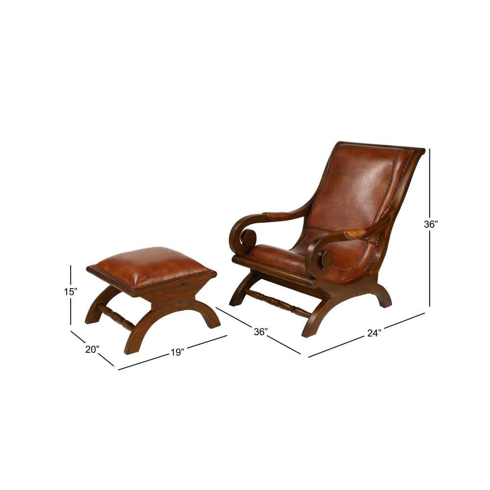 Brown Teak Wood Upholstered Leather Accent Chair with Ottoman with Scrollwork Arms and High Back (Set of 2) by Litton Lane 4 Brown Teak Wood Upholstered Leather Accent Chair with Ottoman with Scrollwork Arms and High Back (Set of 2) by Litton Lane - Image 3