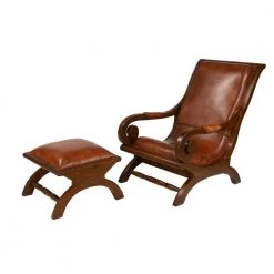 Brown Teak Wood Upholstered Leather Accent Chair with Ottoman with Scrollwork Arms and High Back (Set of 2) by Litton Lane