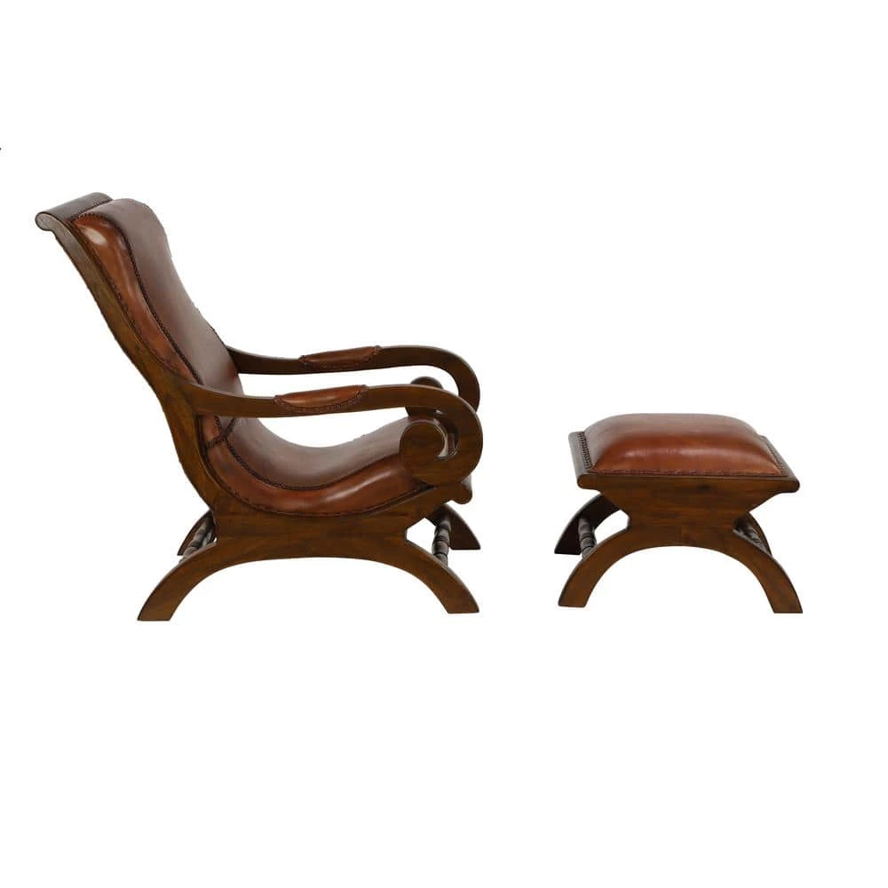 Brown Teak Wood Upholstered Leather Accent Chair with Ottoman with Scrollwork Arms and High Back (Set of 2) by Litton Lane 13 Brown Teak Wood Upholstered Leather Accent Chair with Ottoman with Scrollwork Arms and High Back (Set of 2) by Litton Lane - Image 12
