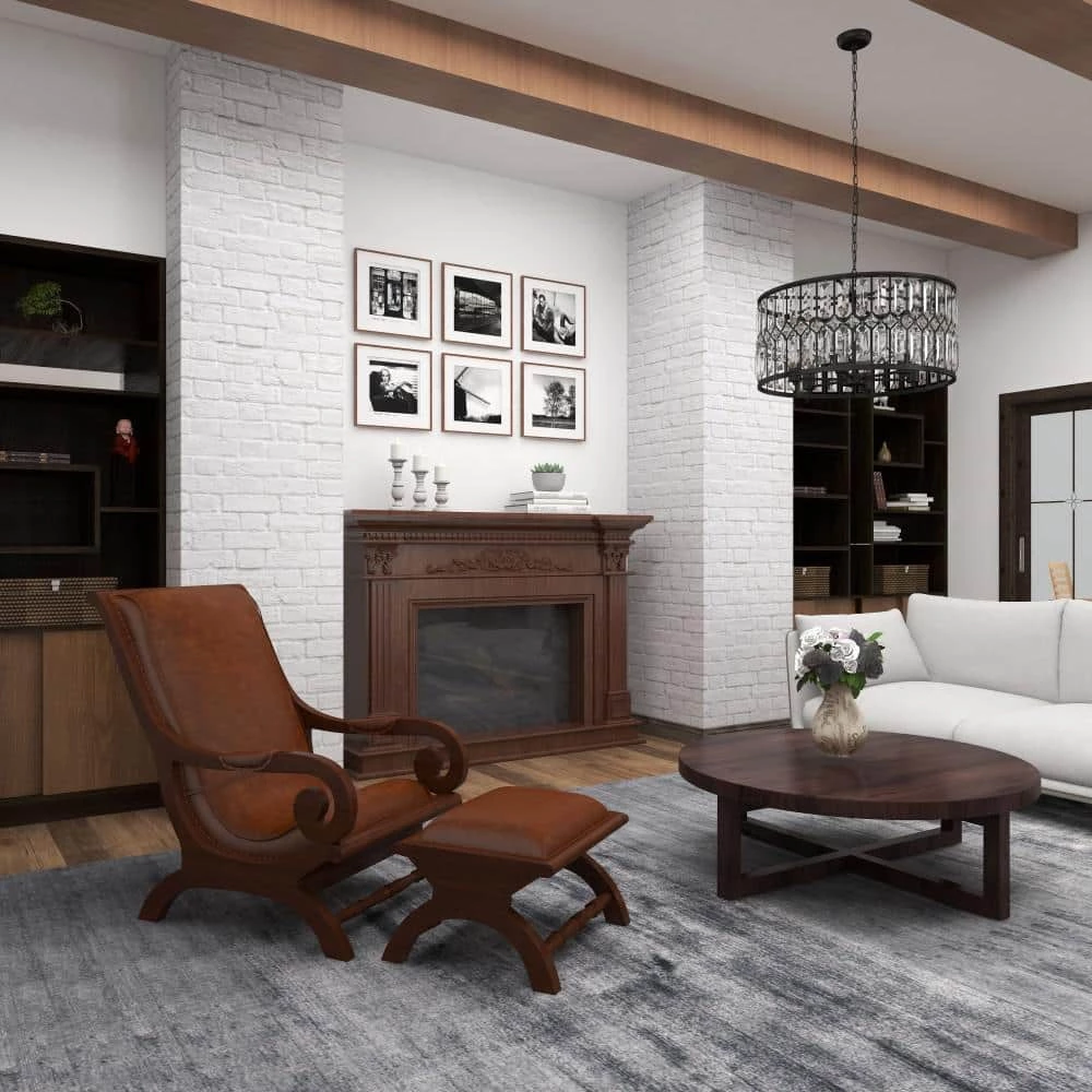 Brown Teak Wood Upholstered Leather Accent Chair with Ottoman with Scrollwork Arms and High Back (Set of 2) by Litton Lane 8 Brown Teak Wood Upholstered Leather Accent Chair with Ottoman with Scrollwork Arms and High Back (Set of 2) by Litton Lane - Image 7