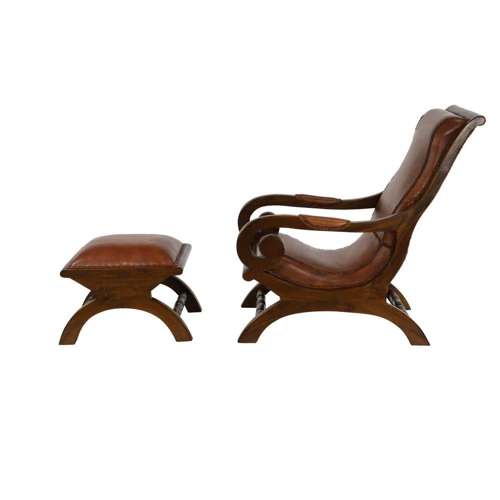 Brown Teak Wood Upholstered Leather Accent Chair with Ottoman with Scrollwork Arms and High Back (Set of 2) by Litton Lane 3 Brown Teak Wood Upholstered Leather Accent Chair with Ottoman with Scrollwork Arms and High Back (Set of 2) by Litton Lane - Image 2