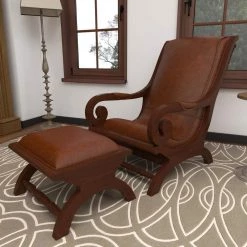 Brown Teak Wood Upholstered Leather Accent Chair with Ottoman with Scrollwork Arms and High Back (Set of 2) by Litton Lane 25 Brown Teak Wood Upholstered Leather Accent Chair with Ottoman with Scrollwork Arms and High Back (Set of 2) by Litton Lane -Outlet Litton Lane Store mahogany litton lane accent chairs 64775 fa 1000