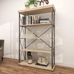 72 in. Brown Wood Industrial 5 Shelf Shelving Unit by Litton Lane -Outlet Litton Lane Store matte black natural brown litton lane bookcases bookshelves 77597 44 1000