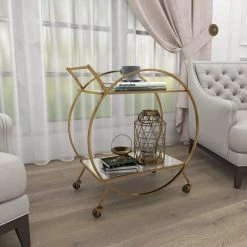 Gold Rolling 2 Mirrored Shelves Bar Cart with Wheels and Handle by Litton Lane -Outlet Litton Lane Store matte gold litton lane bar carts 65605 1d 1000