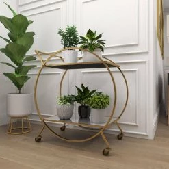 Gold Rolling 2 Mirrored Shelves Bar Cart with Wheels and Handle by Litton Lane -Outlet Litton Lane Store matte gold litton lane bar carts 65605 44 1000
