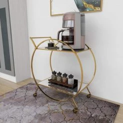 Gold Rolling 2 Mirrored Shelves Bar Cart with Wheels and Handle by Litton Lane -Outlet Litton Lane Store matte gold litton lane bar carts 65605 66 1000