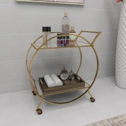 Gold Rolling 2 Mirrored Shelves Bar Cart with Wheels and Handle by Litton Lane -Outlet Litton Lane Store matte gold litton lane bar carts 65605 fa 1000