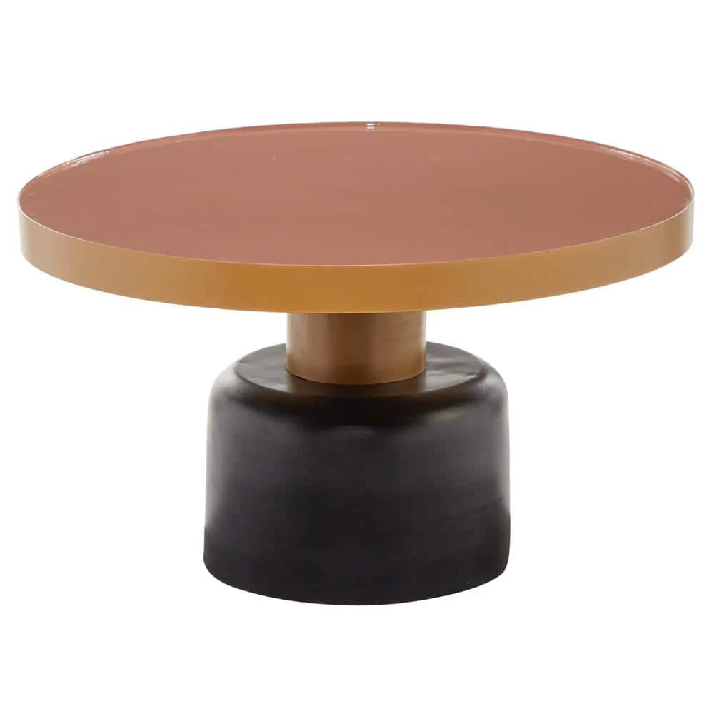 30 in. x 18 in. Round Gold and Black Metal Coffee Table with Dark Peach Enamel Inlay by Litton Lane 3 30 in. x 18 in. Round Gold and Black Metal Coffee Table with Dark Peach Enamel Inlay by Litton Lane