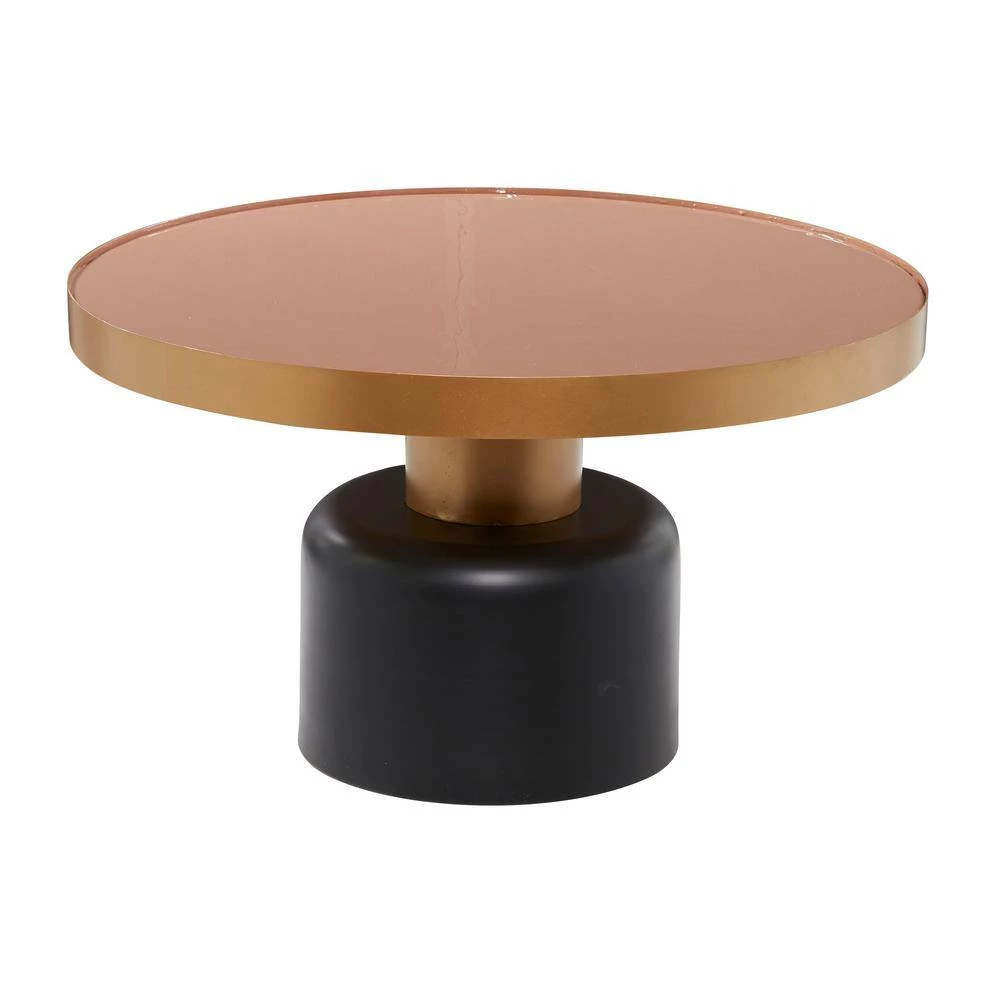 30 in. x 18 in. Round Gold and Black Metal Coffee Table with Dark Peach Enamel Inlay by Litton Lane 4 30 in. x 18 in. Round Gold and Black Metal Coffee Table with Dark Peach Enamel Inlay by Litton Lane - Image 2