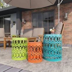 16 in. Multi Colored Round Iron Indoor Outdoor Stackable Nesting End Table with Laser Carved Trellis Design 3-Pieces by Litton Lane -Outlet Litton Lane Store multi litton lane coffee tables 29028 1f 1000